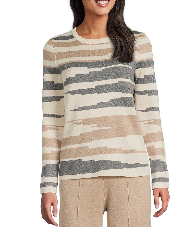 Investments Broken Stripe Long Sleeve Crew Neck Pullover Top