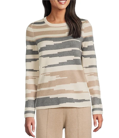 Investments Broken Stripe Long Sleeve Crew Neck Pullover Top