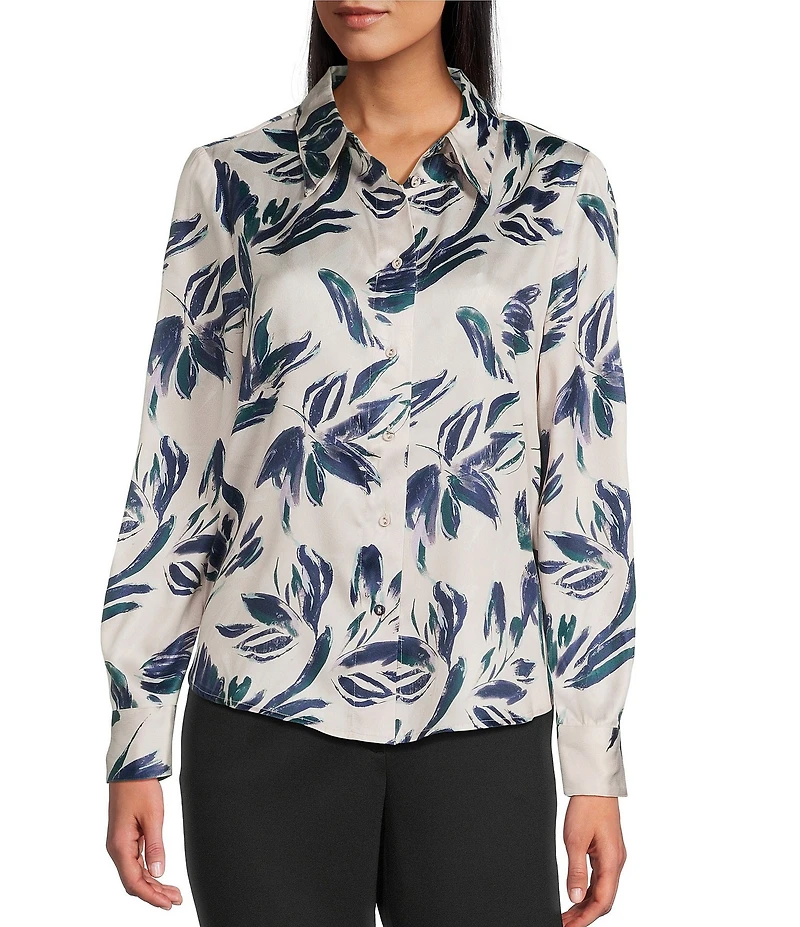 Investments Brush Floral Long Sleeve Point Collar Button Front Top