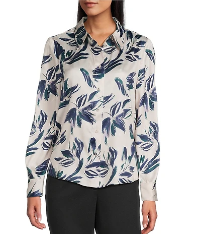 Investments Brush Floral Long Sleeve Point Collar Button Front Top