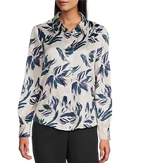 Investments Brush Floral Long Sleeve Point Collar Button Front Top