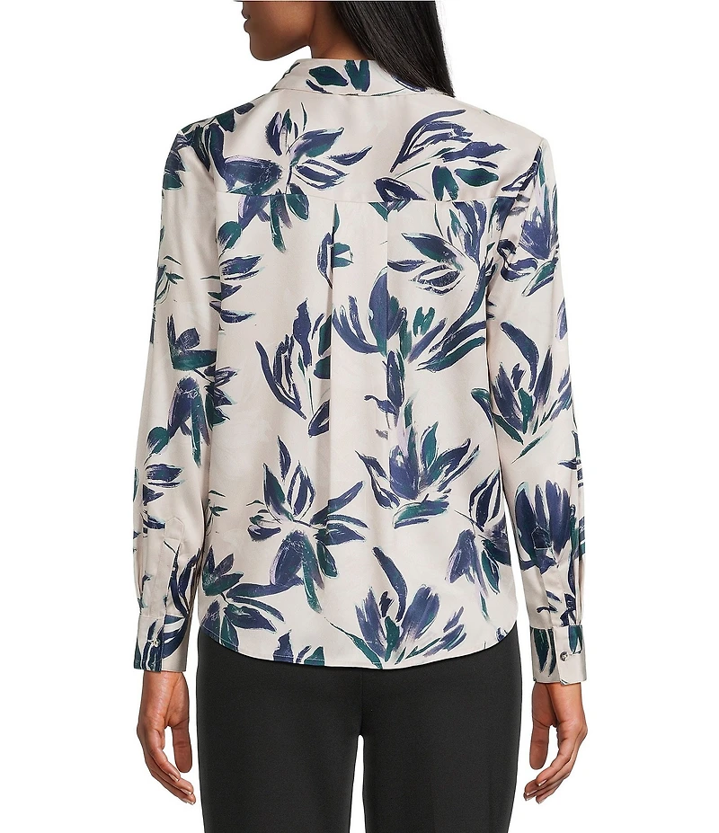 Investments Brush Floral Long Sleeve Point Collar Button Front Top