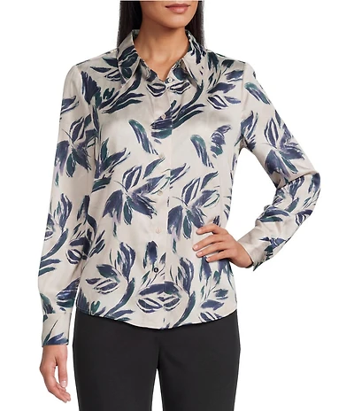 Investments Brush Floral Long Sleeve Point Collar Button Front Top