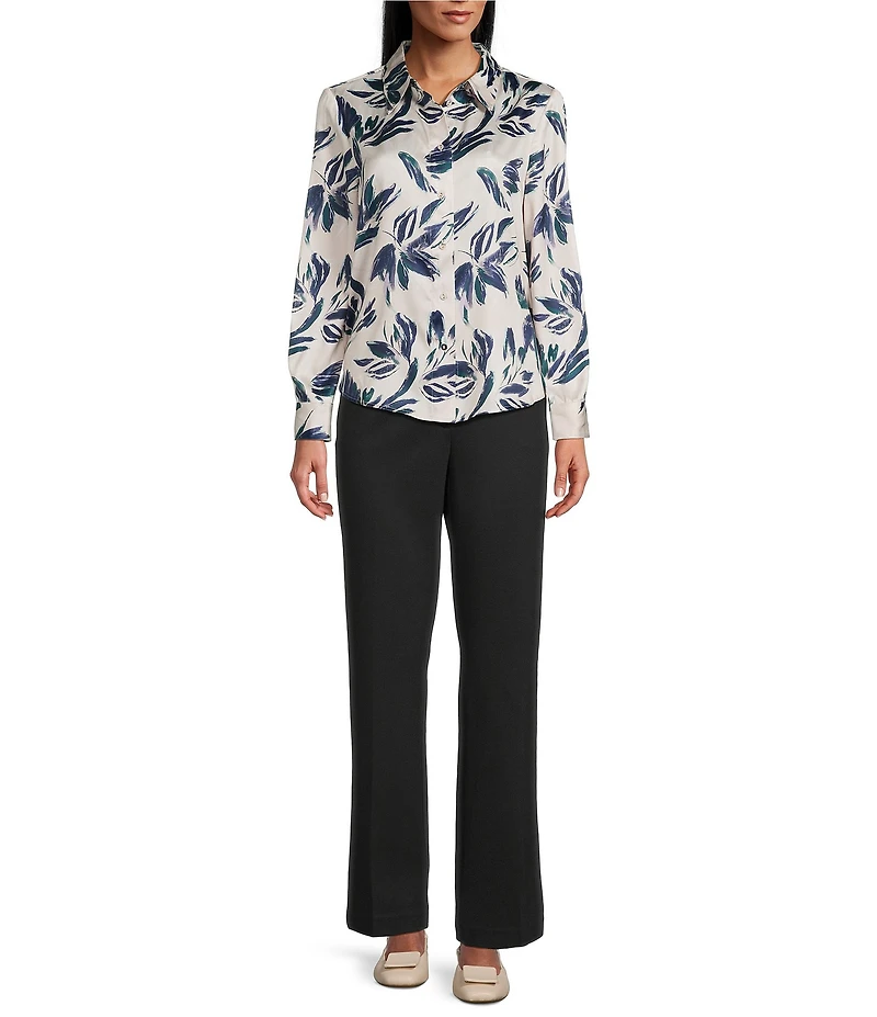 Investments Brush Floral Long Sleeve Point Collar Button Front Top