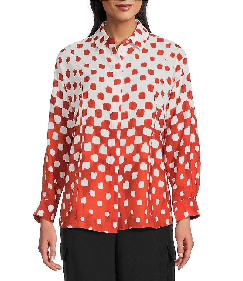 Investments Burnt Ochre Polka Dot Dolman Long Sleeve Button Front Point Collar Blouse