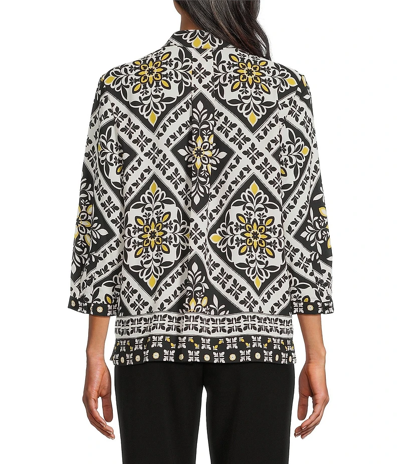 Investments Caroline Signature Bandana Foulard Print 3/4 Sleeve V-Neck Button Front Top