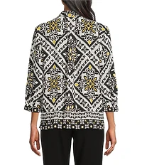 Investments Caroline Signature Bandana Foulard Print 3/4 Sleeve V-Neck Button Front Top