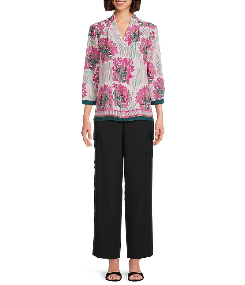 Investments Caroline Signature Linear Floral Border Print 3/4 Sleeve Button Front Top