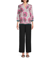 Investments Caroline Signature Linear Floral Border Print 3/4 Sleeve Button Front Top