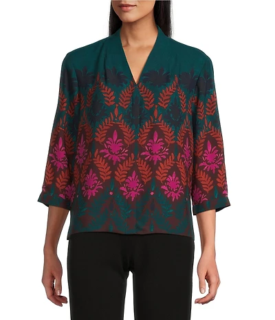 Investments Caroline Signature Stamp Border Print 3/4 Sleeve Button Front Top