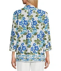 Investments Caroline Signature Stamped Hibiscus V-Neck 3/4 Sleeve Button Front Top