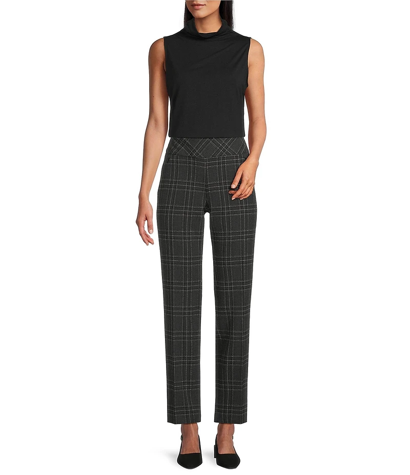 Investments Charcoal Plaid the PARK AVE fit Stretch Front Pocketed Tummy Control Straight Leg Pants