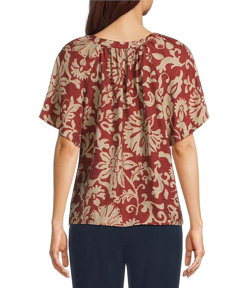 Investments Chili Scroll Print Short Ruffle Sleeve Split-V Neck Blouse