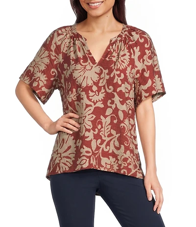 Investments Chili Scroll Print Short Ruffle Sleeve Split-V Neck Blouse