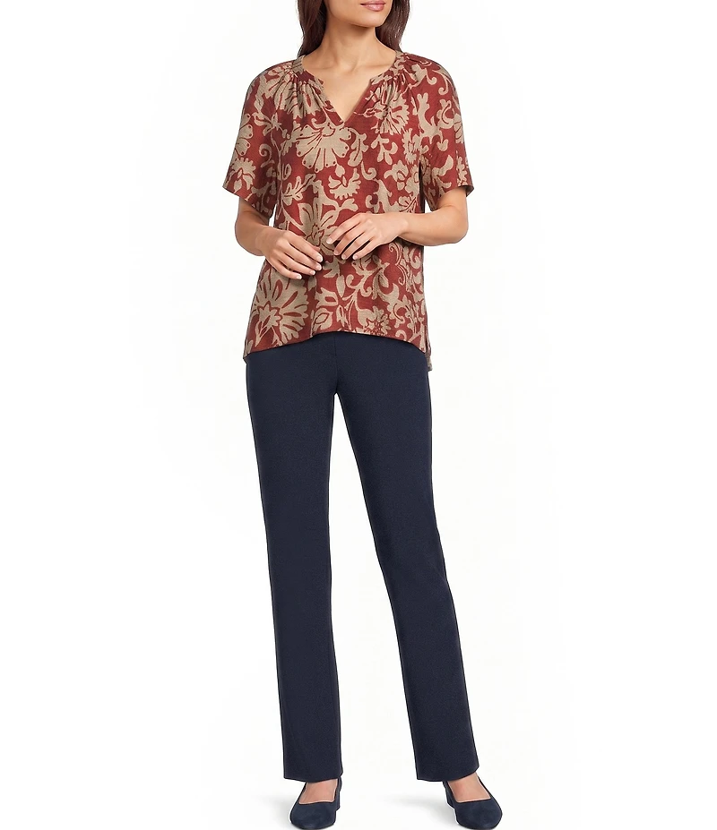 Investments Chili Scroll Print Short Ruffle Sleeve Split-V Neck Blouse