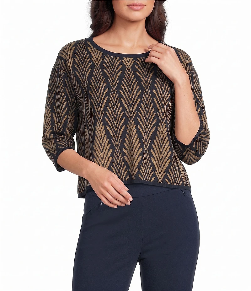 Investments Deco Palm Print Jacquard Long Sleeve Boat Neck Pullover Sweater