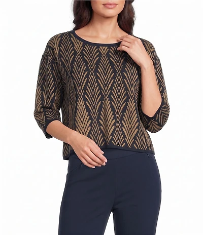 Investments Deco Palm Print Jacquard Long Sleeve Boat Neck Pullover Sweater