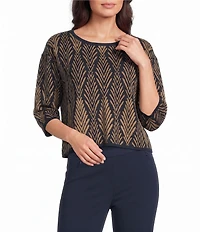 Investments Deco Palm Print Jacquard Long Sleeve Boat Neck Pullover Sweater