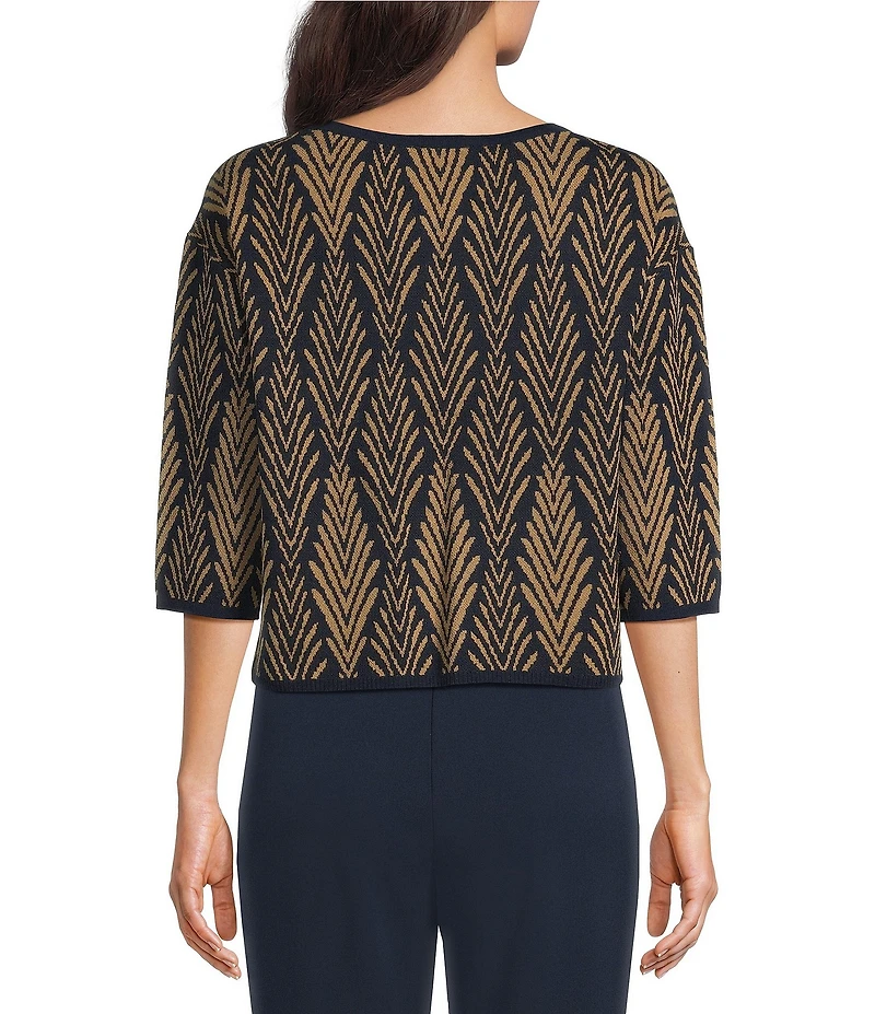 Investments Deco Palm Print Jacquard Long Sleeve Boat Neck Pullover Sweater