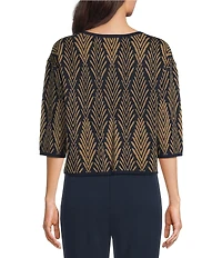 Investments Deco Palm Print Jacquard Long Sleeve Boat Neck Pullover Sweater