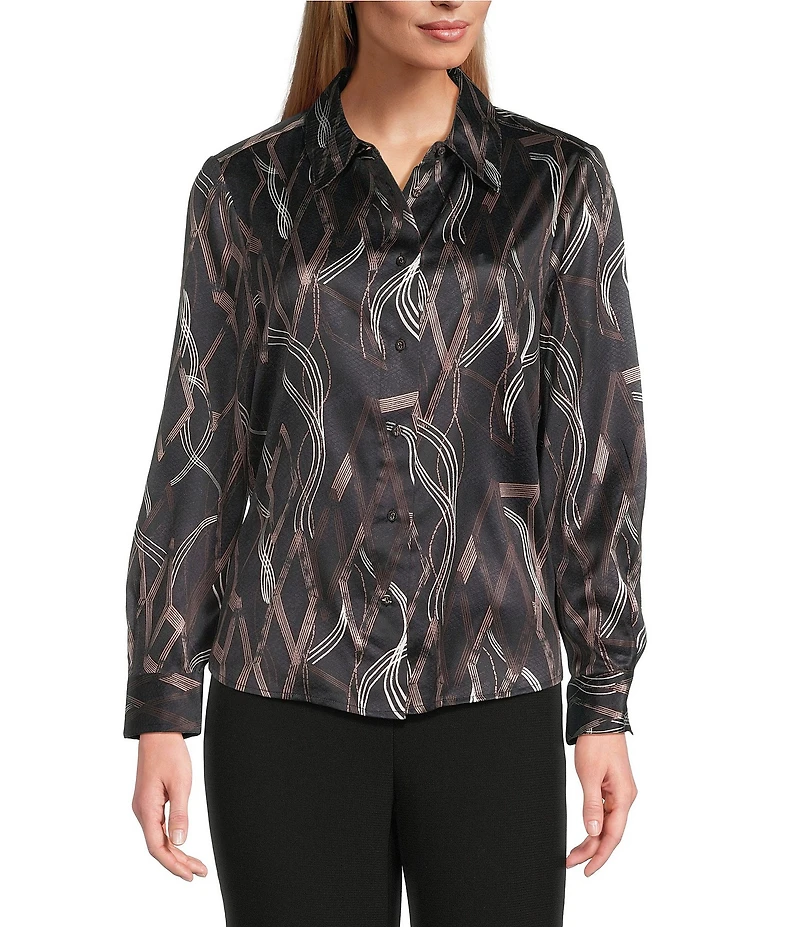 Investments Distressed Diamond Long Sleeve Point Collar Button Front Top