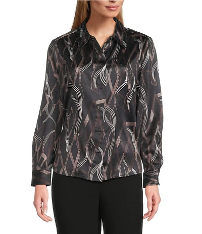 Investments Distressed Diamond Long Sleeve Point Collar Button Front Top