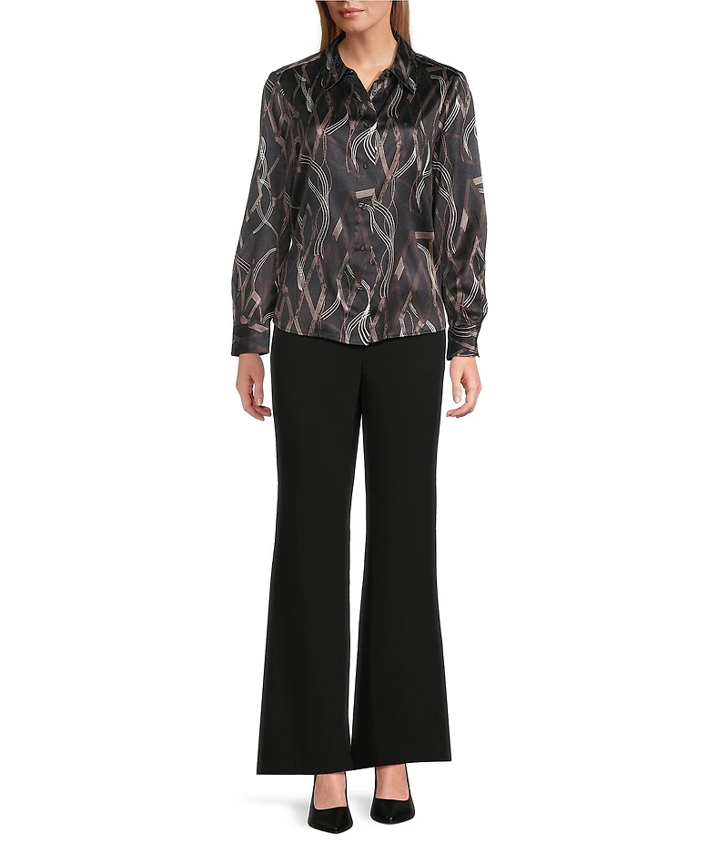 Investments Distressed Diamond Long Sleeve Point Collar Button Front Top