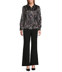 Investments Distressed Diamond Long Sleeve Point Collar Button Front Top