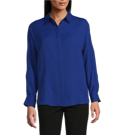 Investments Dolman Long Sleeve Button Front Point Collar Blouse