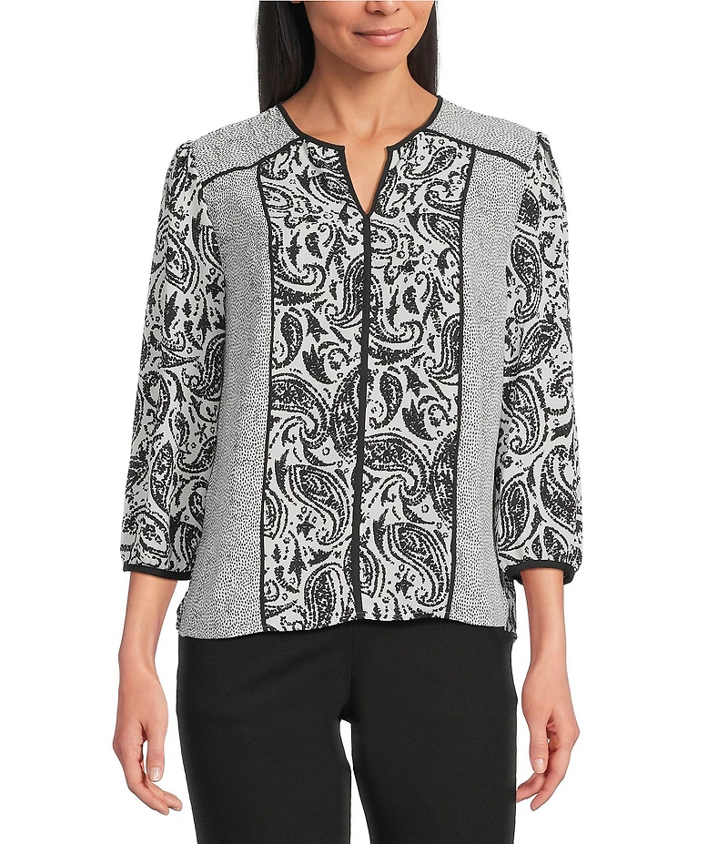 Investments Dotted Paisley Mixed Print 3/4 Sleeve Split Round Neck Blouse