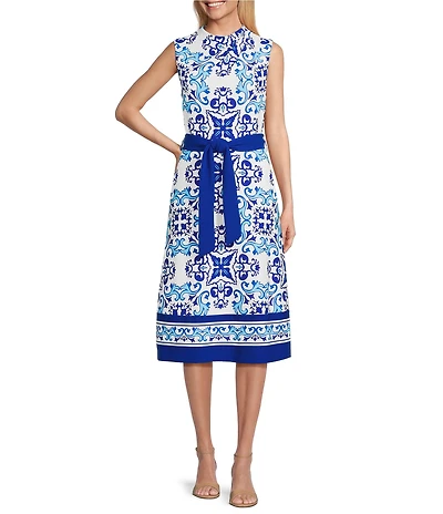 Investments Scuba Crepe Blue Regatta Print Sleeveless Crew Neck Tie Belt Fit and Flare Midi Dress