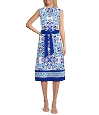 Investments Scuba Crepe Blue Regatta Print Sleeveless Crew Neck Tie Belt Fit and Flare Midi Dress