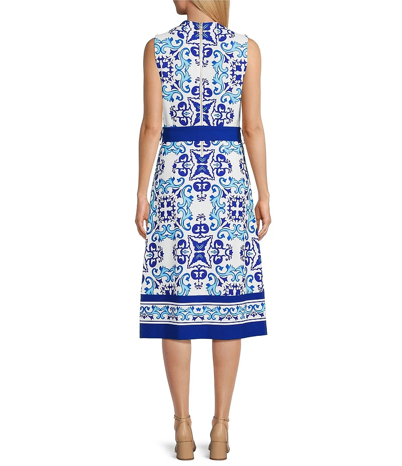 Investments Scuba Crepe Blue Regatta Print Sleeveless Crew Neck Tie Belt Fit and Flare Midi Dress