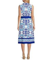 Investments Scuba Crepe Blue Regatta Print Sleeveless Crew Neck Tie Belt Fit and Flare Midi Dress