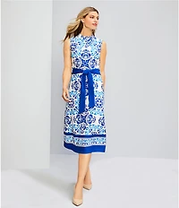 Investments Scuba Crepe Blue Regatta Print Sleeveless Crew Neck Tie Belt Fit and Flare Midi Dress