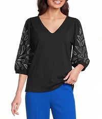 Investments Elbow Sleeve Embroidery V-Neck Knit Top