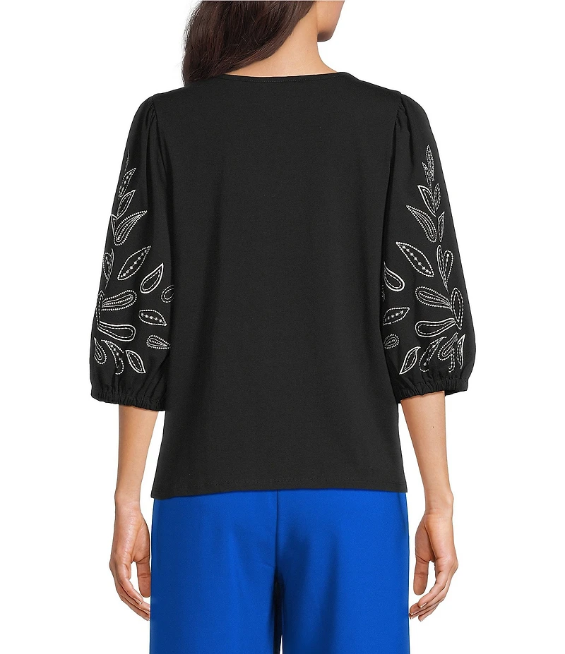 Investments Elbow Sleeve Embroidery V-Neck Knit Top