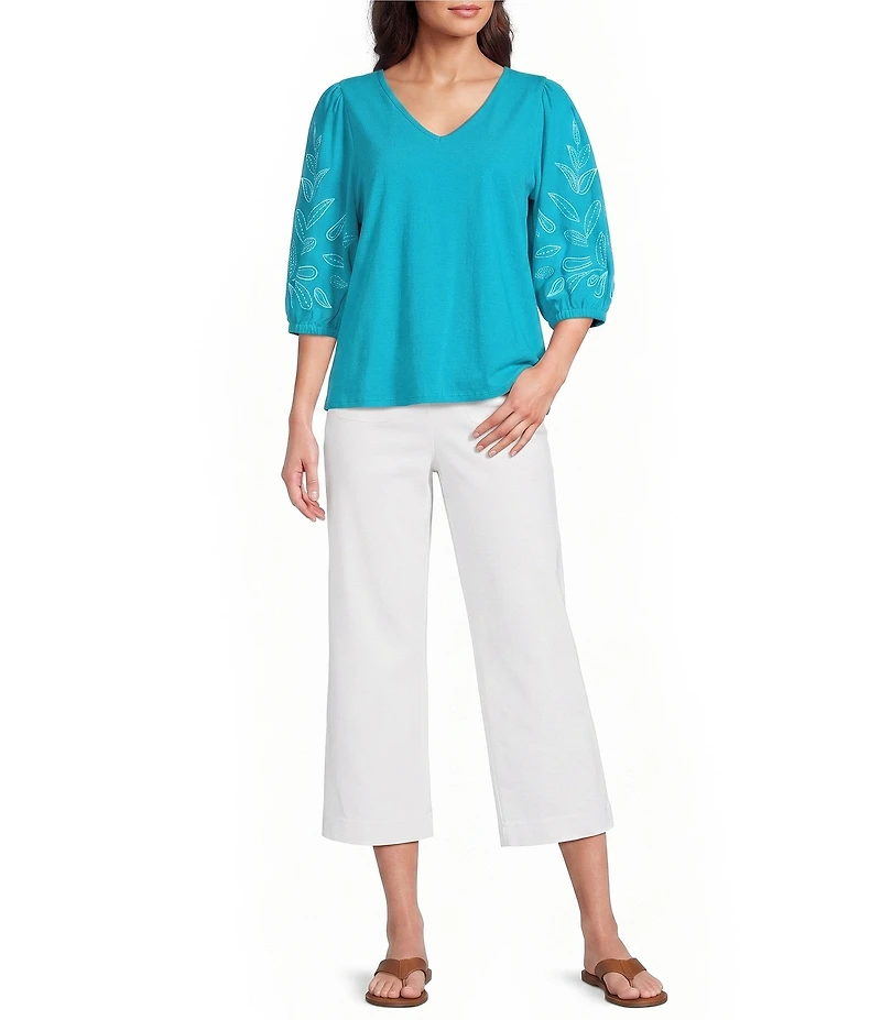 Investments Elbow Sleeve Embroidery V-Neck Knit Top