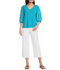 Investments Elbow Sleeve Embroidery V-Neck Knit Top