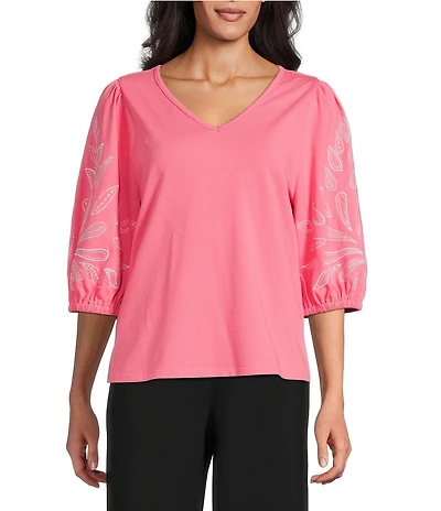 Investments Elbow Sleeve Embroidery V-Neck Knit Top