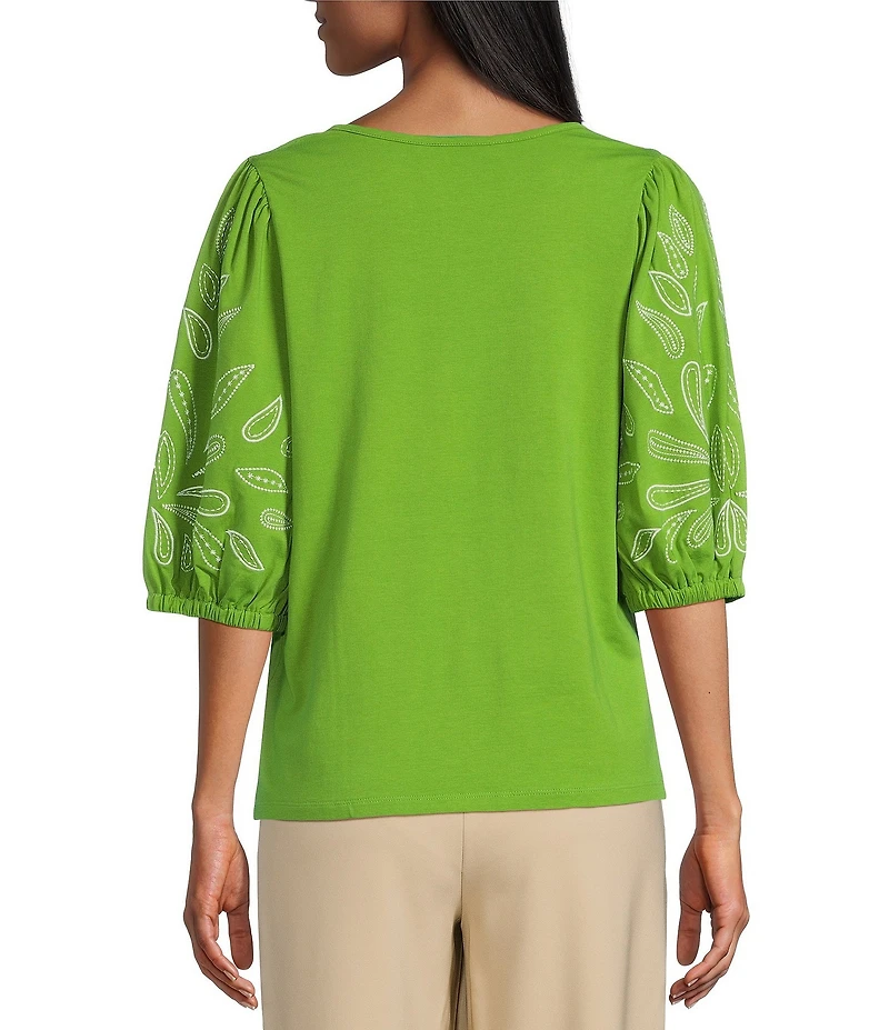 Investments Elbow Sleeve Embroidery V-Neck Knit Top