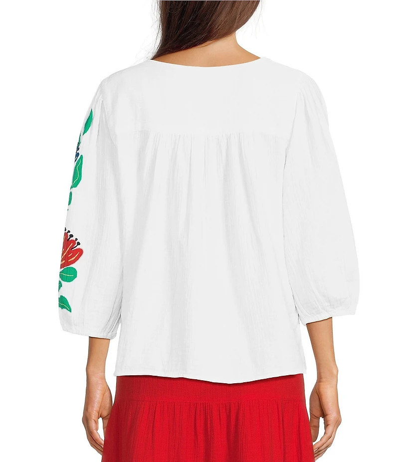 Investments Falling Leaf Print 3/4 Sleeve Embroidery Trim Split V-Neck Coordinating Blouse