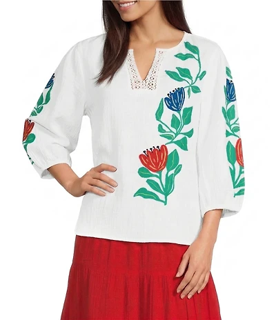 Investments Falling Leaf Print 3/4 Sleeve Embroidery Trim Split V-Neck Coordinating Blouse