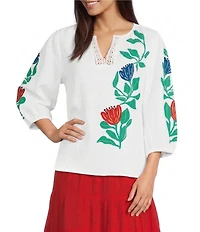 Investments Falling Leaf Print 3/4 Sleeve Embroidery Trim Split V-Neck Coordinating Blouse