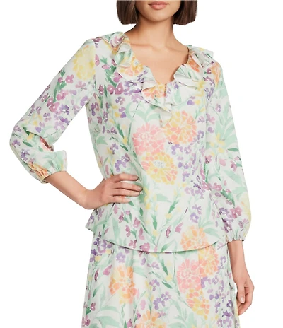 Investments Floral Print 3/4 Sleeve Ruffle V-Neck Coordinating Blouse