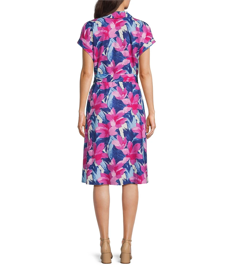 Investments Floral Print Short Sleeve Point Collar Button Front Tie Belt Stretch Linen Midi Dress