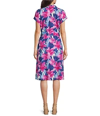 Investments Floral Print Short Sleeve Point Collar Button Front Tie Belt Stretch Linen Midi Dress
