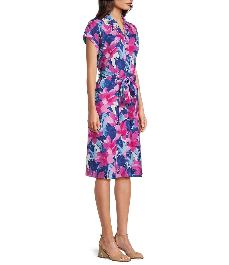 Investments Floral Print Short Sleeve Point Collar Button Front Tie Belt Stretch Linen Midi Dress
