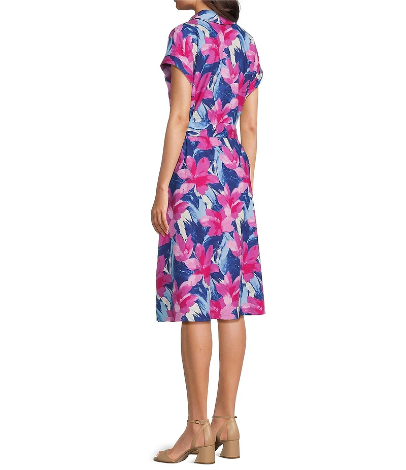 Investments Floral Print Short Sleeve Point Collar Button Front Tie Belt Stretch Linen Midi Dress