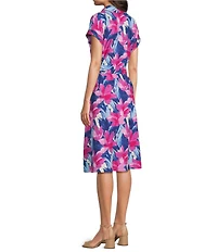 Investments Floral Print Short Sleeve Point Collar Button Front Tie Belt Stretch Linen Midi Dress